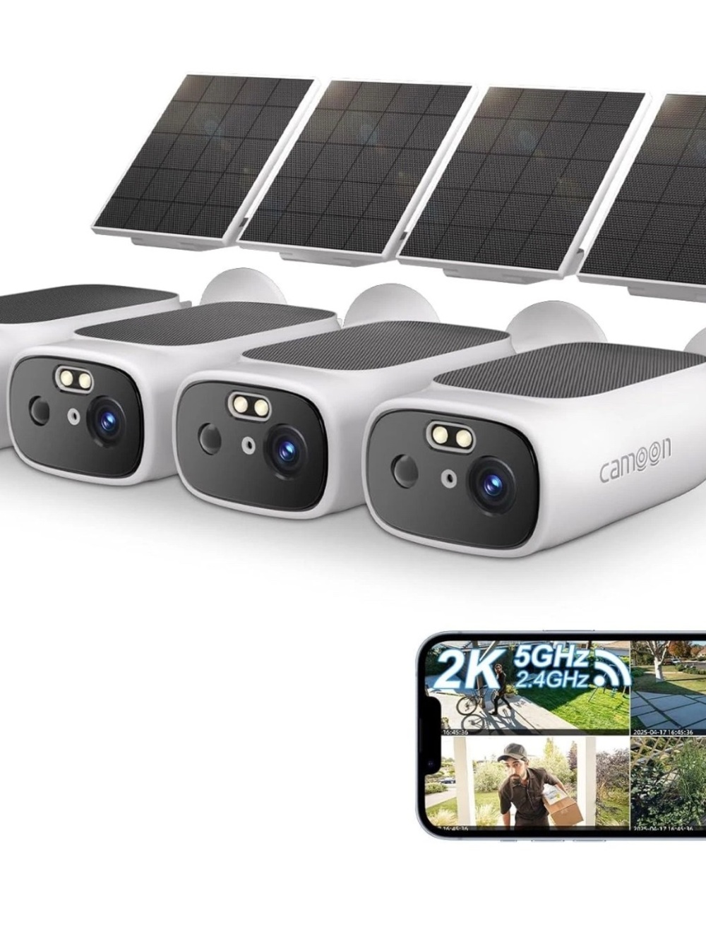 2K Wireless Solar Security Camera System - White (3-Pack)